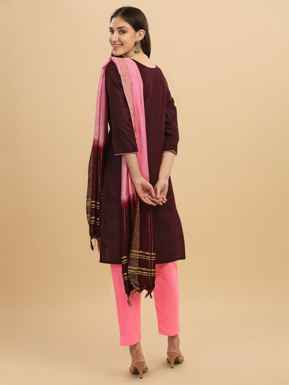 Wine Colour Slub Cotton Embroidery Casual Wear Kurta Pant Dupatta Set For Women's