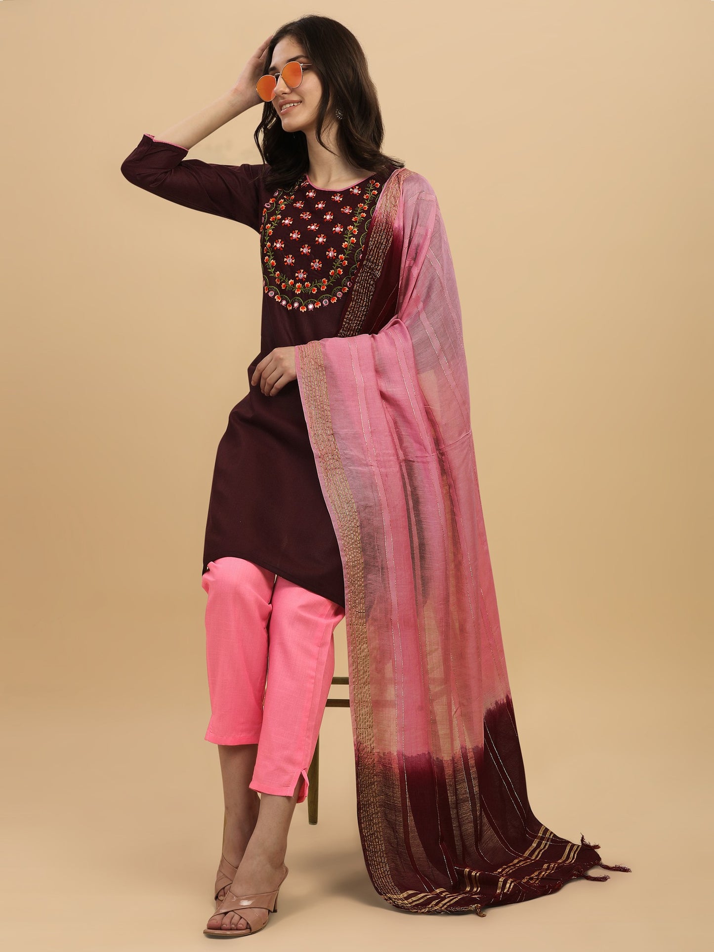 Wine Colour Slub Cotton Embroidery Casual Wear Kurta Pant Dupatta Set For Women's