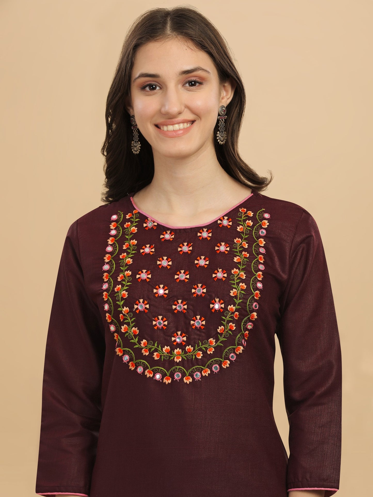 Wine Colour Slub Cotton Embroidery Casual Wear Kurta Pant Dupatta Set For Women's