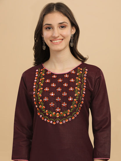 Wine Colour Slub Cotton Embroidery Casual Wear Kurta Pant Dupatta Set For Women's