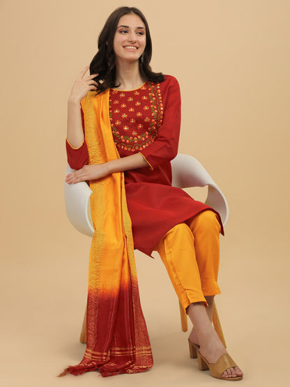Maroon Colour Slub Cotton Embroidery Casual Wear Kurta Pant Dupatta Set For Women's