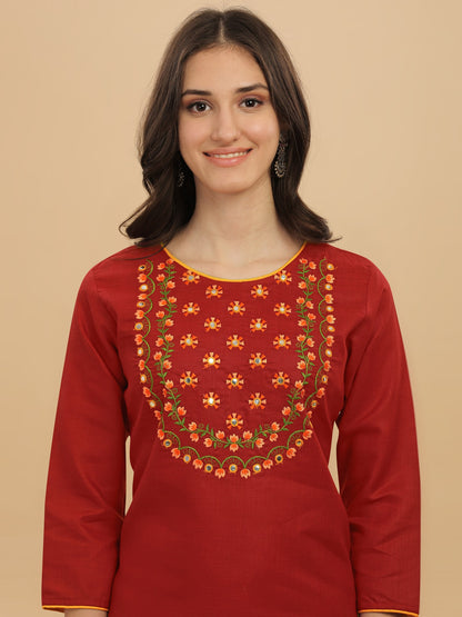 Maroon Colour Slub Cotton Embroidery Casual Wear Kurta Pant Dupatta Set For Women's