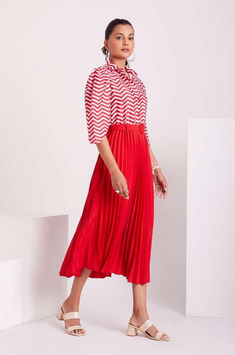 Red and White Pleated Western Wear Stylish Dress For Women