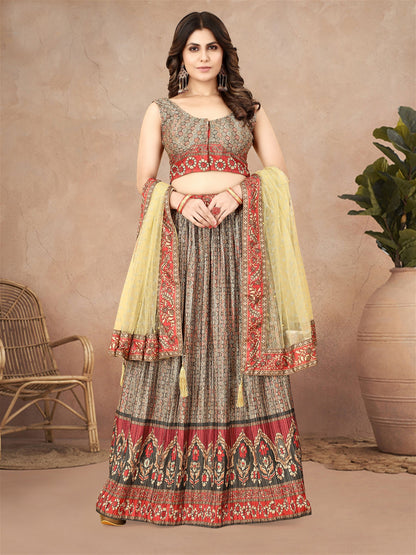 Multi Color Digital Printed Crape Pleated Lehenga Choli For Women