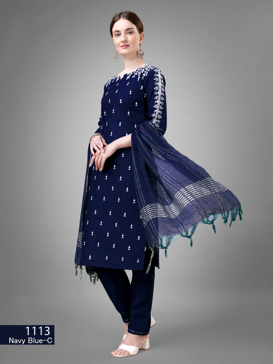 Dark Blue Kurti Set  Cotton Blend Kurti With Bottom Dupatta Collection