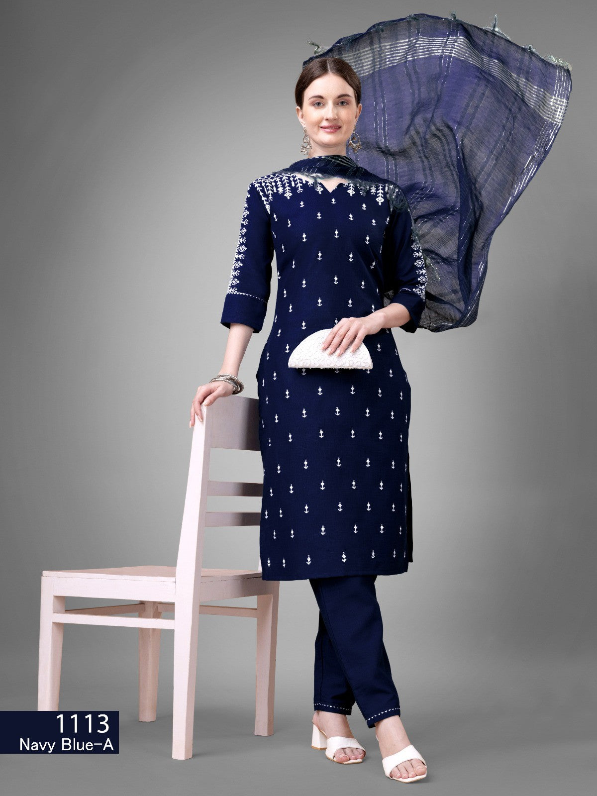 Dark Blue Kurti Set  Cotton Blend Kurti With Bottom Dupatta Collection