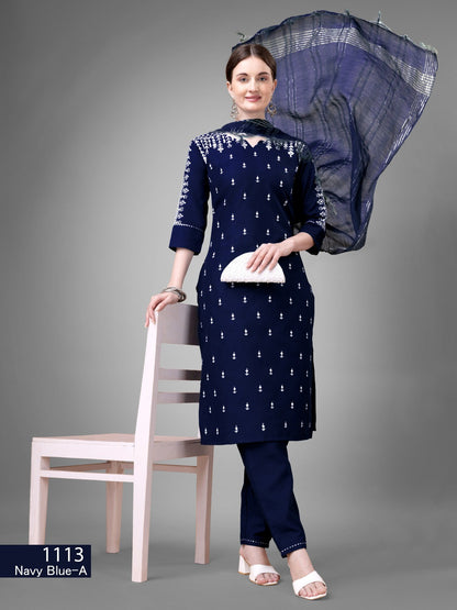 Dark Blue Kurti Set  Cotton Blend Kurti With Bottom Dupatta Collection