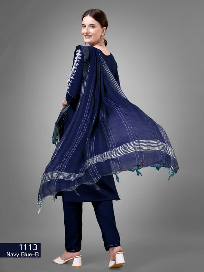 Dark Blue Kurti Set  Cotton Blend Kurti With Bottom Dupatta Collection