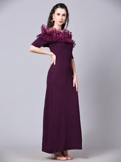 Wine Designer Cotton Lycra Off Shoulder Women's Regular Fit Dress