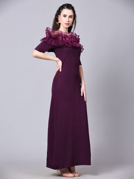 Wine Designer Cotton Lycra Off Shoulder Women's Regular Fit Dress