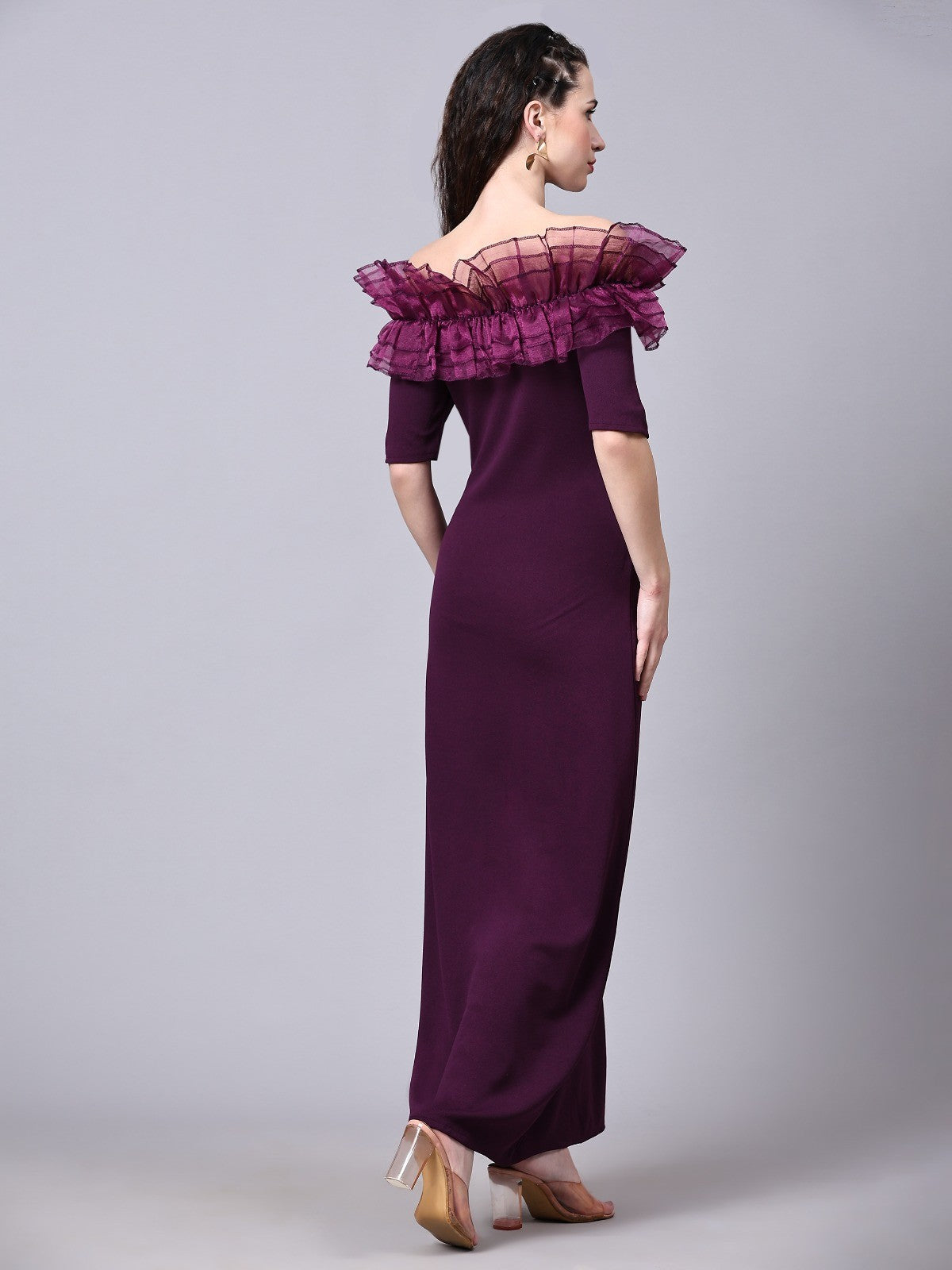 Wine Designer Cotton Lycra Off Shoulder Women's Regular Fit Dress
