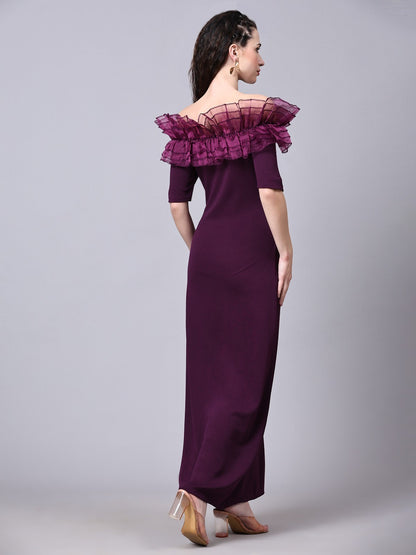 Wine Designer Cotton Lycra Off Shoulder Women's Regular Fit Dress