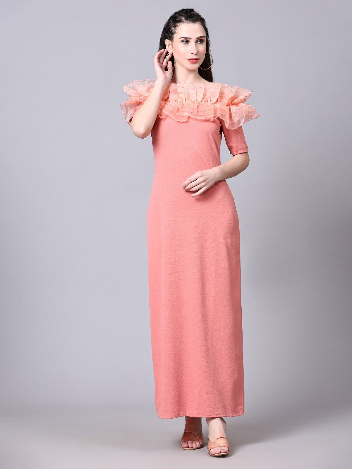 Peach Designer Cotton Lycra Off Shoulder Women's Regular Fit Dress
