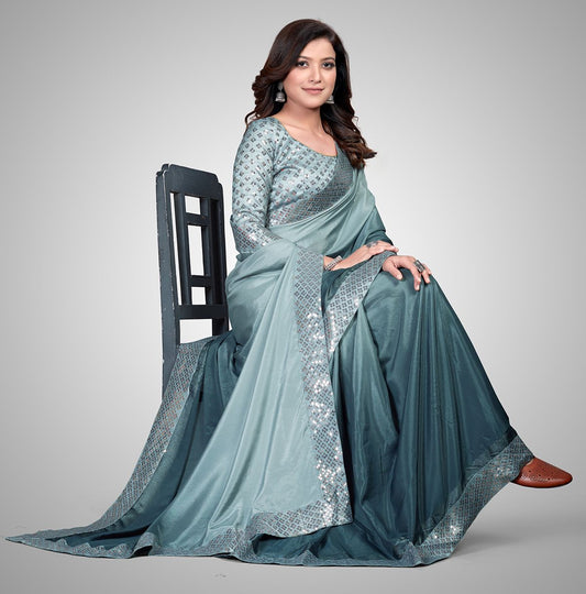 Fancy Embellished Grey Coloured Silk Saree with Blouse Piece