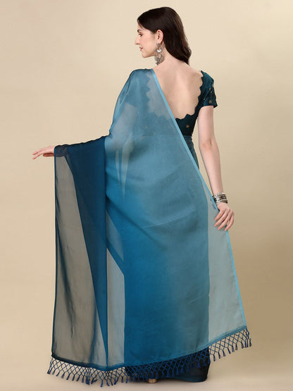 Fancy Embellished Teal Blue Coloured Silk Saree with Blouse Piece
