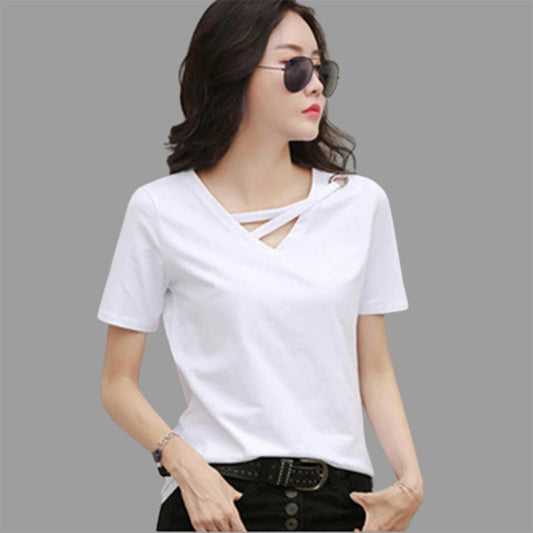 Popster White solid Cotton V-Neck Regular Fit Half Sleeve Womens T-Shirt