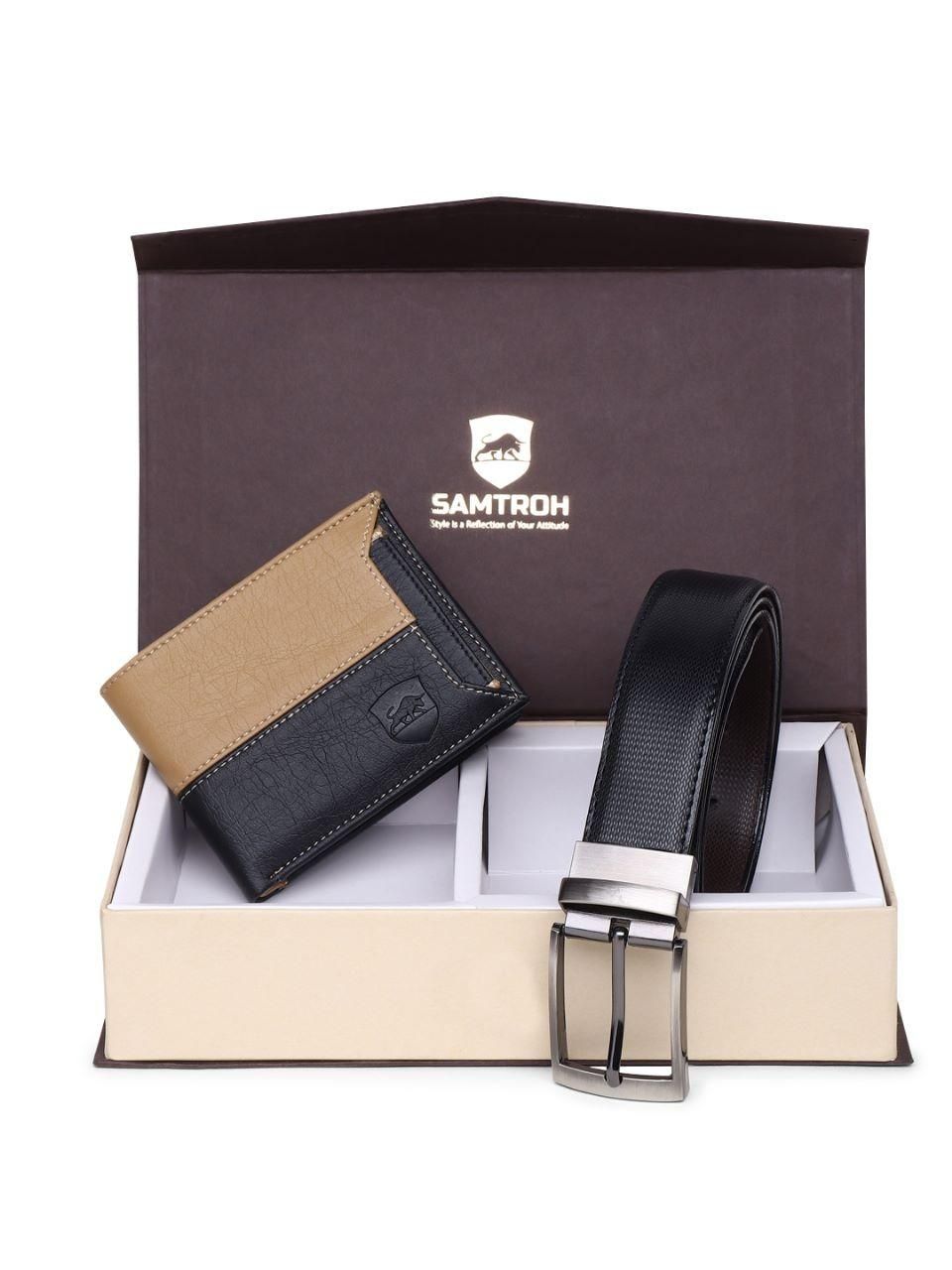 Leather Belt and Wallet Combo for Men (Black-Beige)