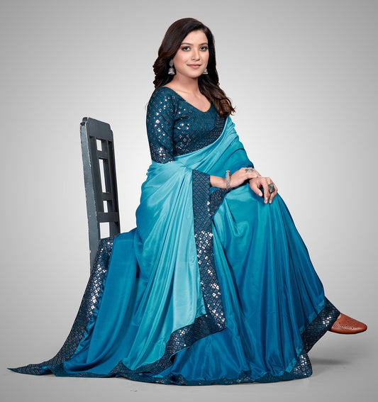 Fancy Embellished Light Blue Coloured Silk Saree with Blouse Piece