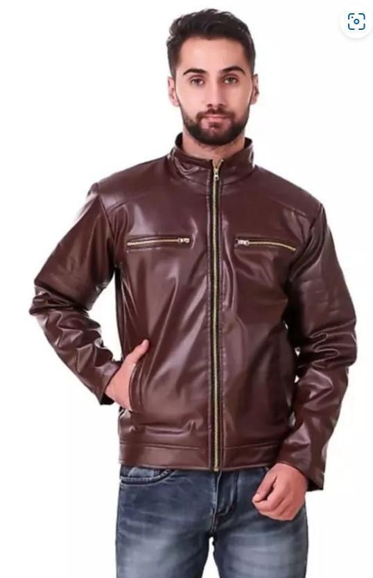 Men's Solid Zip Up Leather Jacket