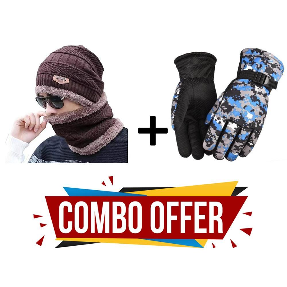 Combo-Pack(3 in 1)Cap Hat Neck Warmer Scarf With 1 Pair Gloves Combo Set Unisex