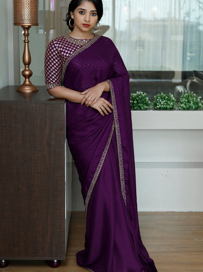 Women's Silk Embroidery Border Saree with Heavy Work Blouse Piece