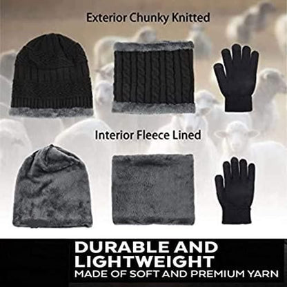 Woolen Winter Cap with Neck Mufler & Hand Gloves (Black, Pack of 3)