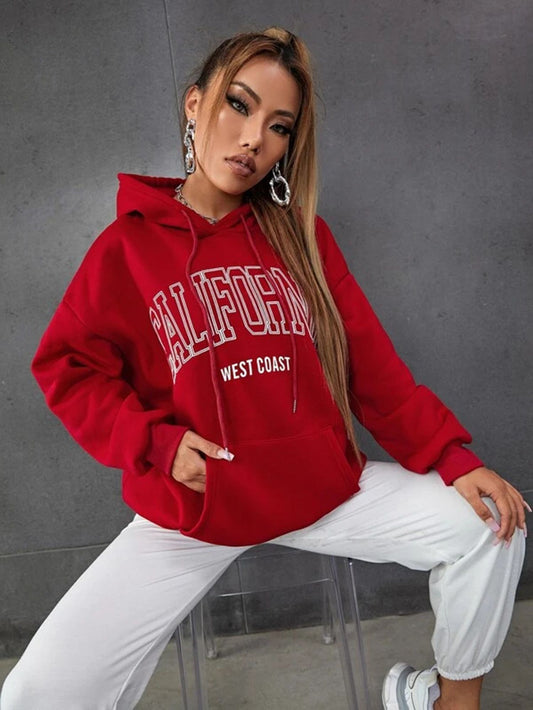Popster Red Printed Fleece Hoody oversized Long Sleeve Womens Sweatshirt