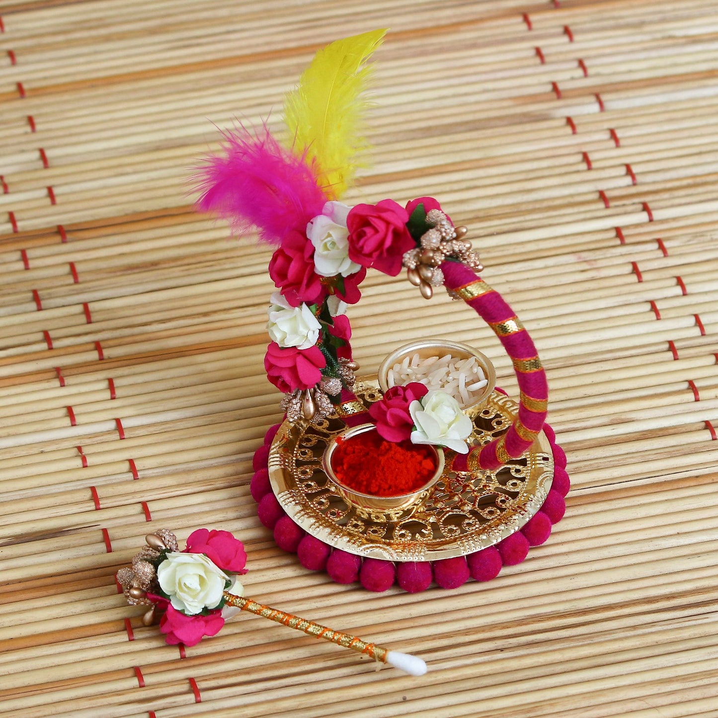eCraftIndia Handcrafted Decorative Roli Tikka Holder with designer stick and Colorful Feathers