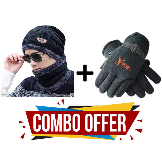 Combo-Pack for Men & Women Knit Beanie Cap Hat Neck Warmer Scarf With 1 Pair Gloves