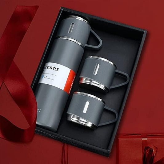 Thermo Vacuum Insulated Bottle Water Flask Gift Set with Two Cups Hot & Cold