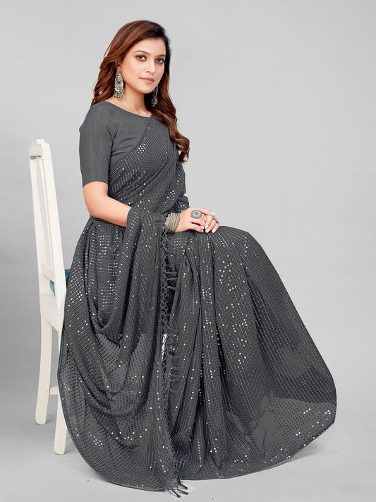 Fancy Sequined Embroidered Grey Coloured Georgette Saree with Blouse Piece