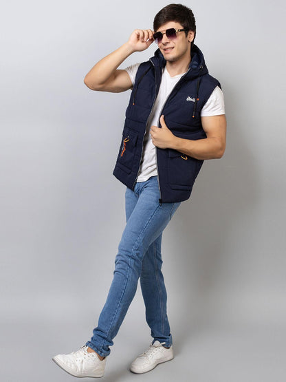 Premium Quality Xohy Men's Sleeveless Navy Hooded Jacket