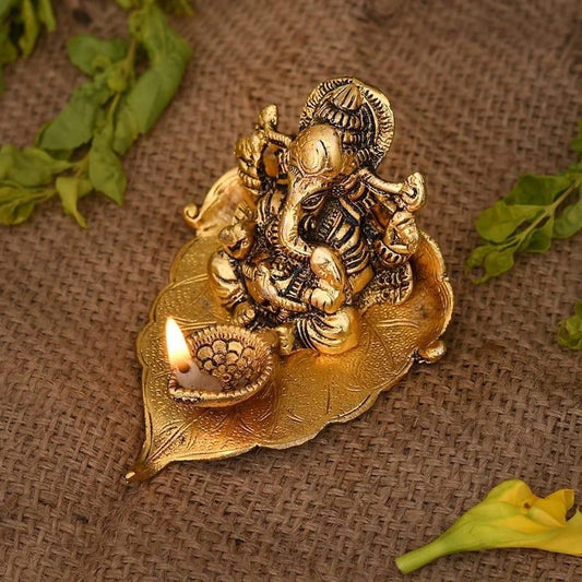 Lord Ganesha with Diya - Metal Hand Craved for Home Decorative Gift Puja