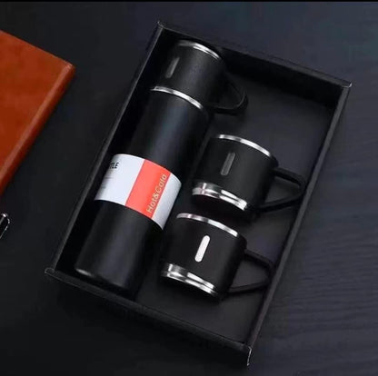 Thermo Vacuum Insulated Bottle Water Flask Gift Set with Two Cups Hot & Cold