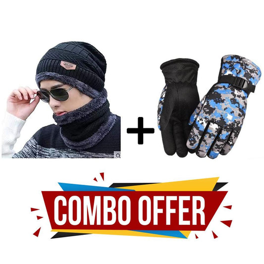 Combo-Pack(3 in 1)Cap Hat Neck Warmer Scarf With 1 Pair Gloves Combo Set Unisex