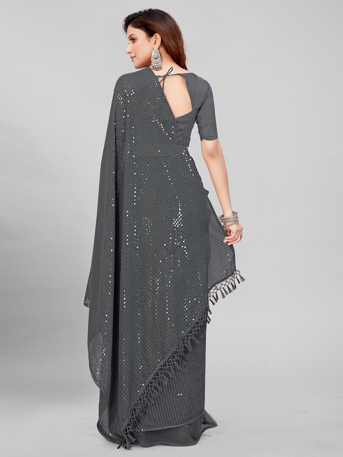 Fancy Sequined Embroidered Grey Coloured Georgette Saree with Blouse Piece