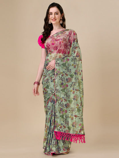 Fancy Embellished Blue Coloured Silk Blend Saree with Blouse Piece