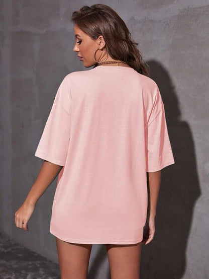Popster pink Printed Cotton Round Neck oversized Fit Half Sleeve Womens T-Shirt
