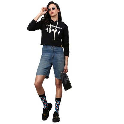 Campus Sutra Women Printed Crop Casual Hooded Sweatshirts