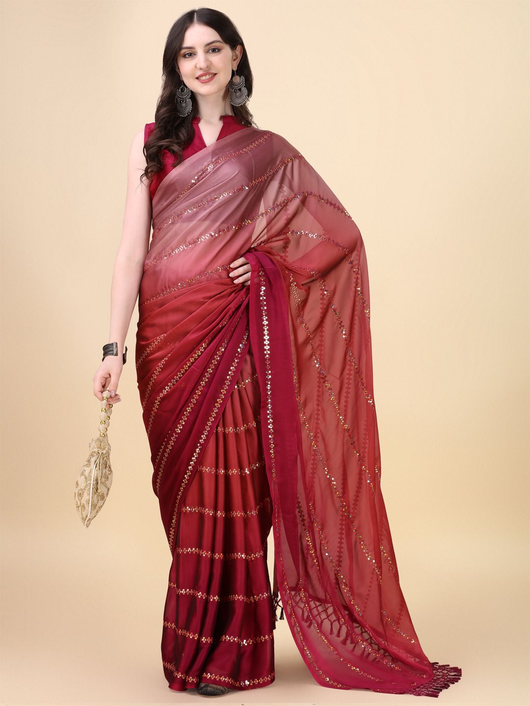 Fancy Sequined Embroidered Pink Coloured Silk Saree with Blouse Piece