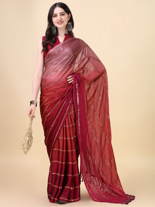 Fancy Sequined Embroidered Pink Coloured Silk Saree with Blouse Piece