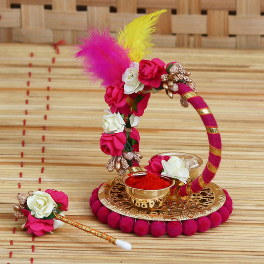eCraftIndia Handcrafted Decorative Roli Tikka Holder with designer stick and Colorful Feathers