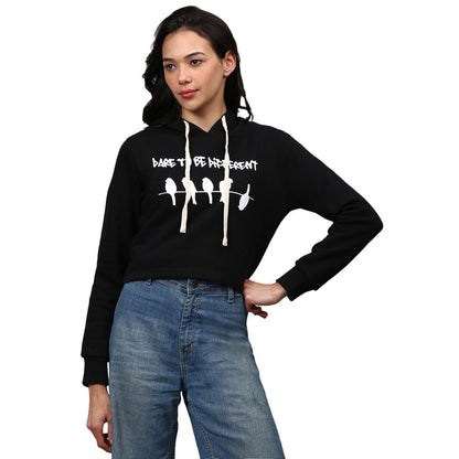 Campus Sutra Women Printed Crop Casual Hooded Sweatshirts