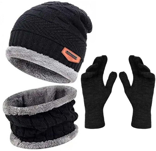 Woolen Winter Cap with Neck Mufler & Hand Gloves (Black, Pack of 3)