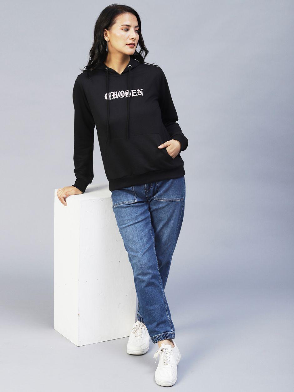 Rigo Women's Cotton Black Printed Hooded Terry Sweatshirt
