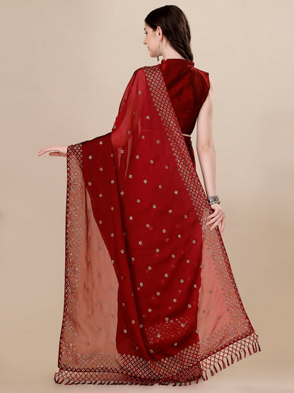 Fancy Sequined Embroidered Red Coloured Silk Saree with Blouse Piece