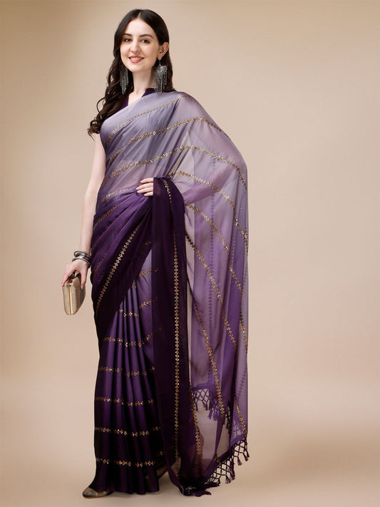 Fancy Sequined Embroidered Purple Coloured Silk Saree with Blouse Piece