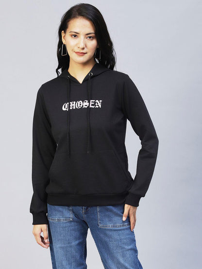 Rigo Women's Cotton Black Printed Hooded Terry Sweatshirt
