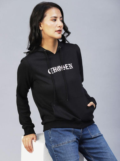 Rigo Women's Cotton Black Printed Hooded Terry Sweatshirt
