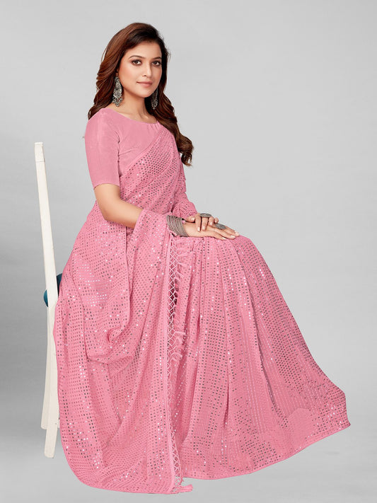 Fancy Sequined Embroidered Peach Pink Coloured Georgette Saree with Blouse Piece